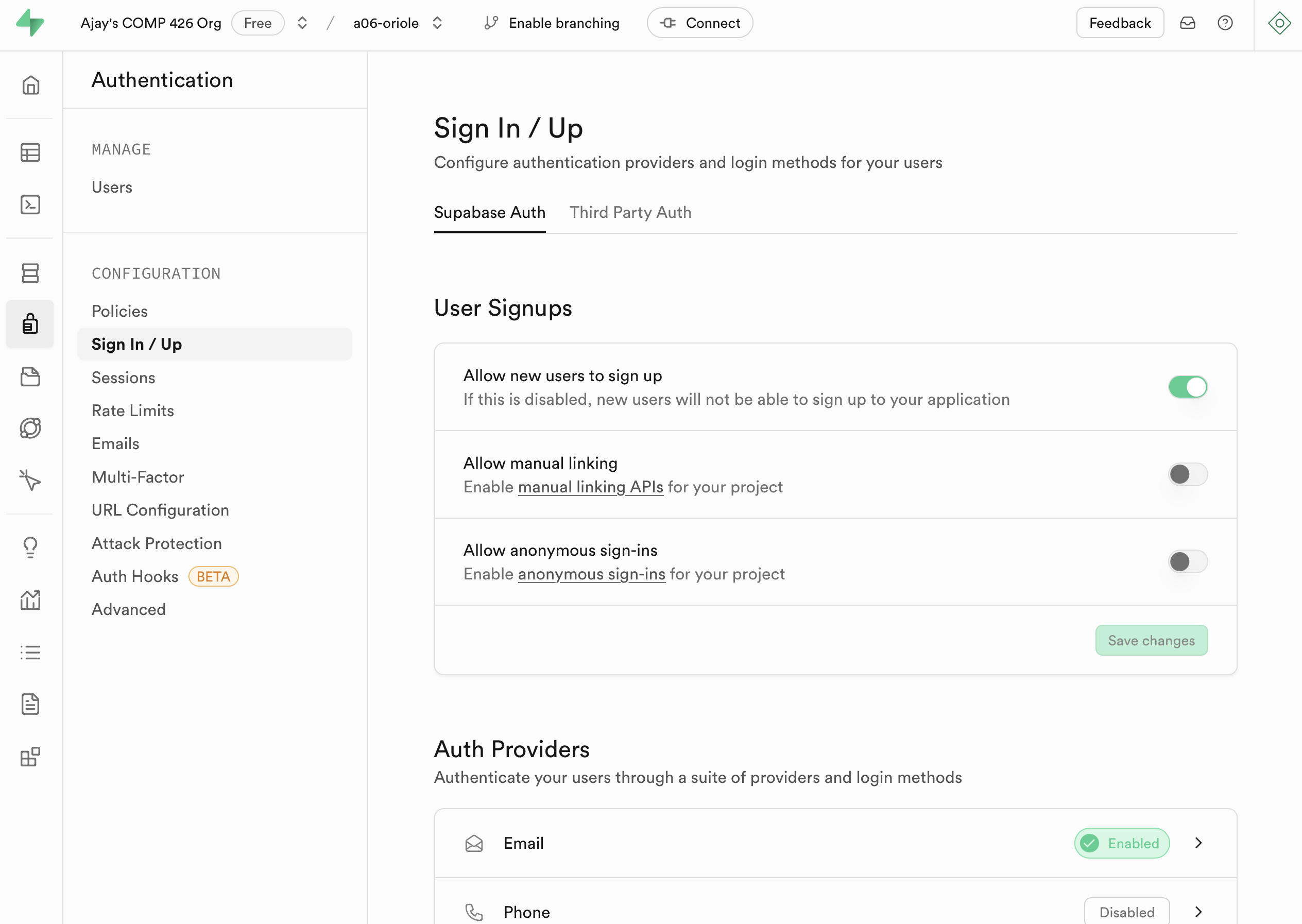Auth Settings Home